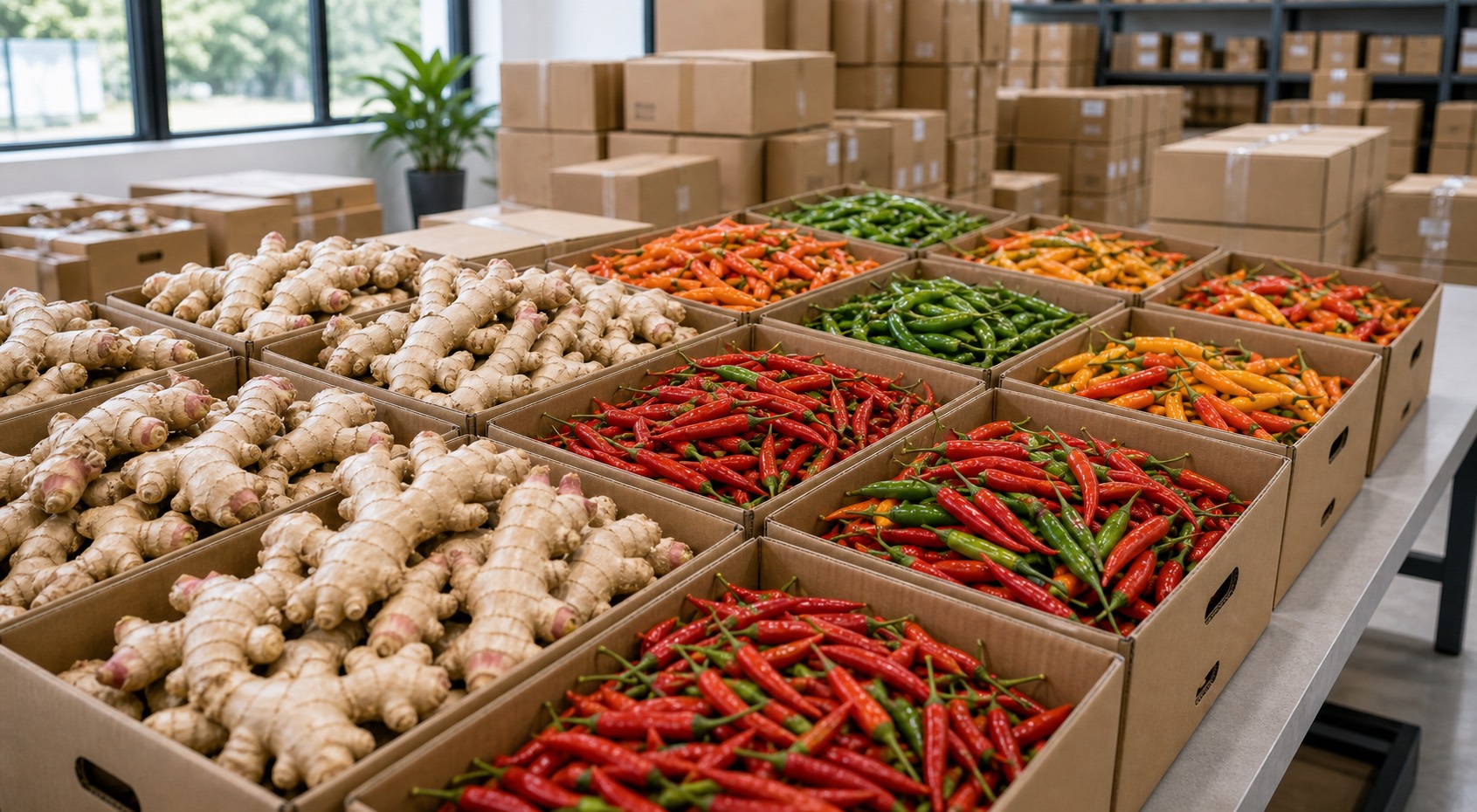 Sand ginger roots and colorful chili peppers for agricultural sourcing