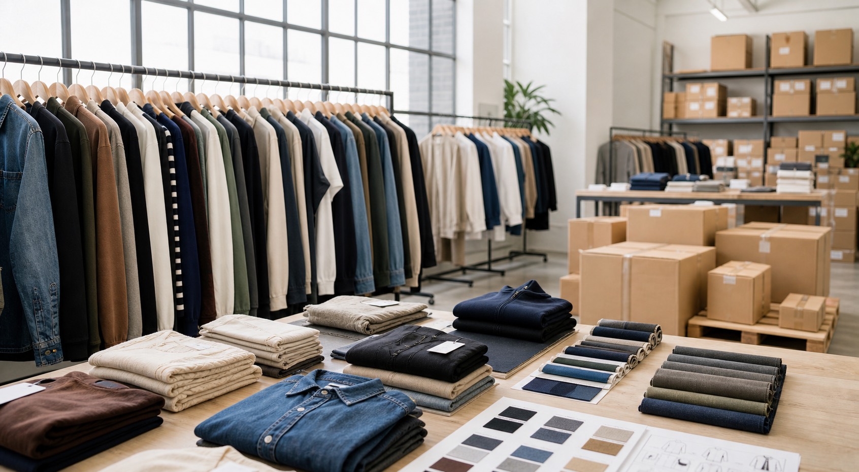 Wholesale clothing showroom with apparel racks, folded garments, swatches, and shipping cartons