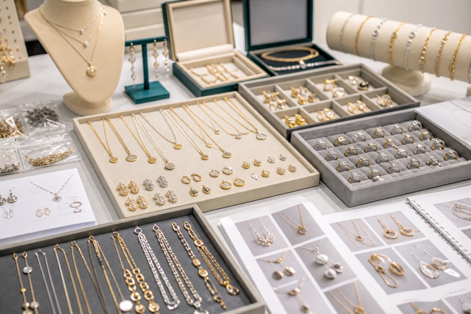 Jewelry sample trays with necklaces, earrings, rings, and bracelets for wholesale buyers