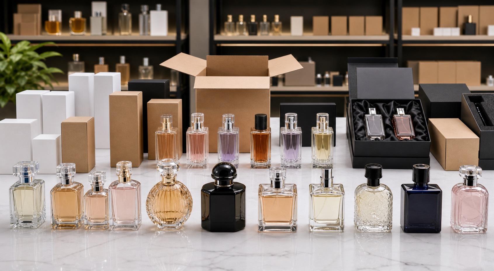 Perfume bottles, sample packaging, and cartons for wholesale buyers